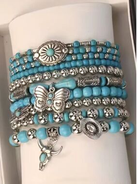NWT Western Bohemian 10pc Stacking Faux Turquoise & Silver Beads Bracelet Set